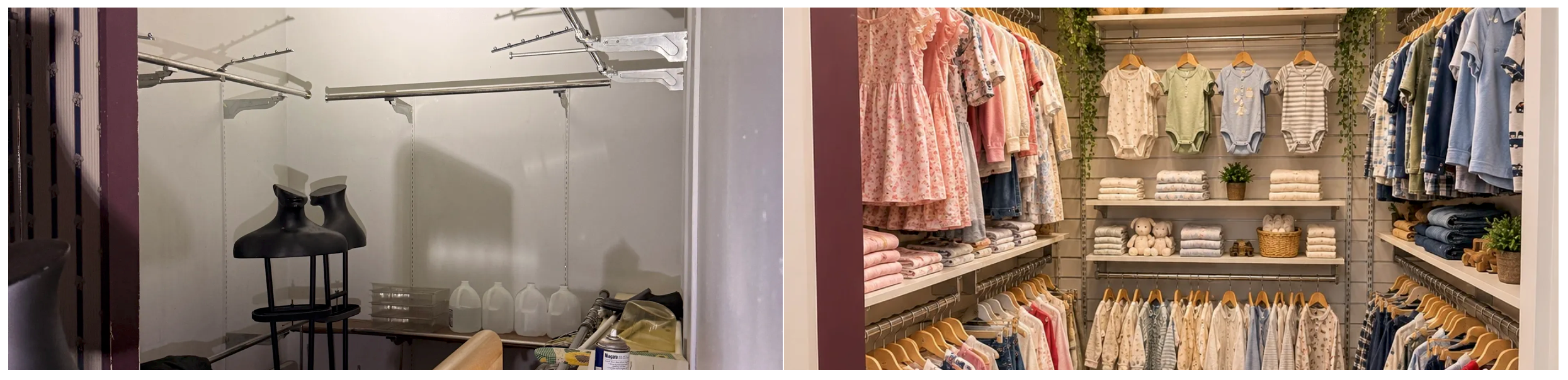 Children's section — empty room before, fully stocked children's clothing after