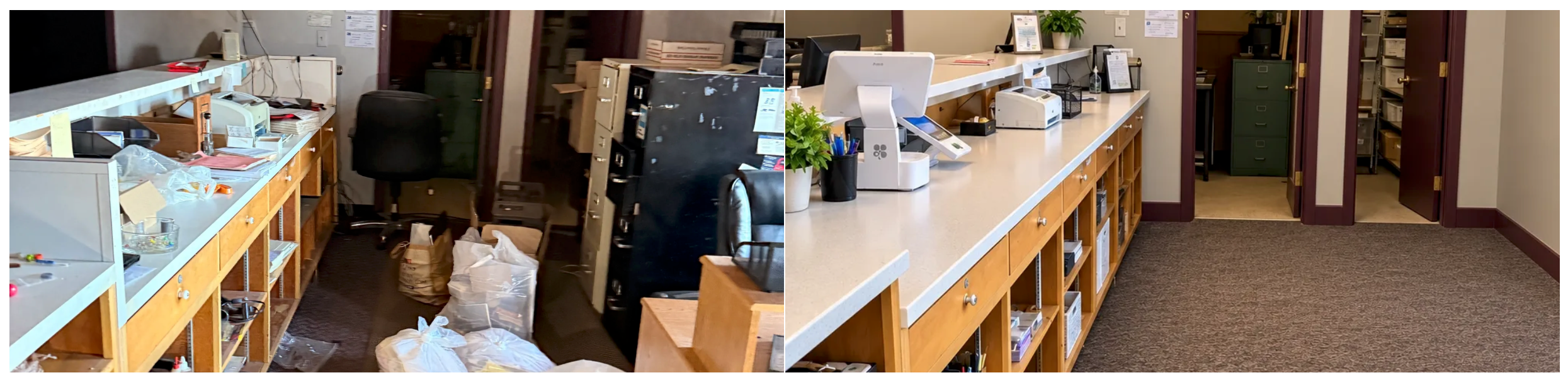Office and checkout area — cluttered before, clean and functional after