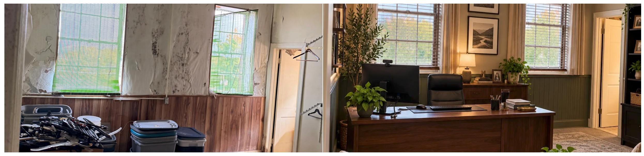 Private office — water-damaged walls and clutter before, polished executive office after