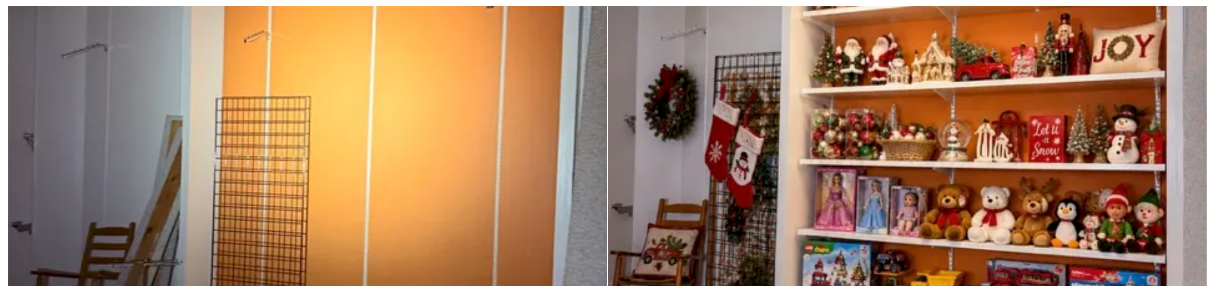 Seasonal section — bare orange walls before, holiday merchandise display after