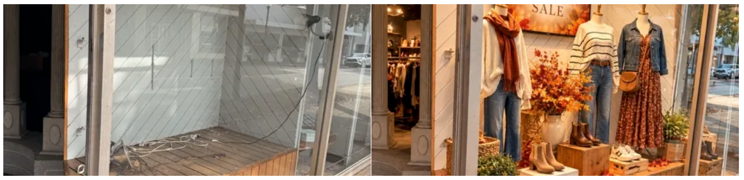 Storefront window — empty display case before, styled seasonal window display after